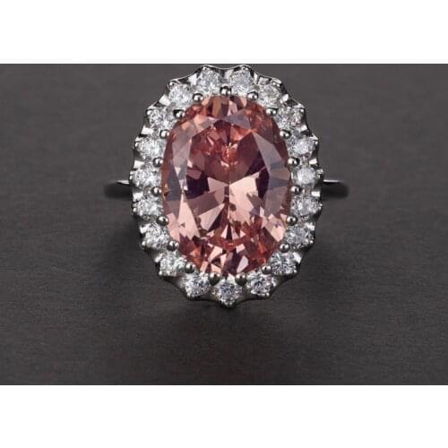 S925 Colored Gemstone Halo Ring 10x14 MM 7 CT Oval Cut Simulated Morganite Jewelry Anniversary Gift