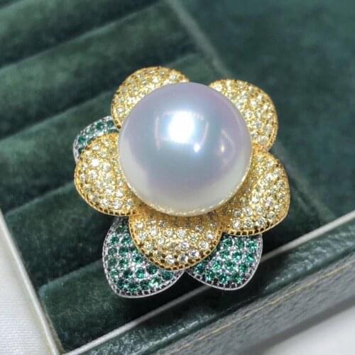 D609 Pearl Ring Fine Jewelry 925 Sterling Silver Round 12-13mm Zircons Nature Fresh Water White Pearls Rings for Women Presents