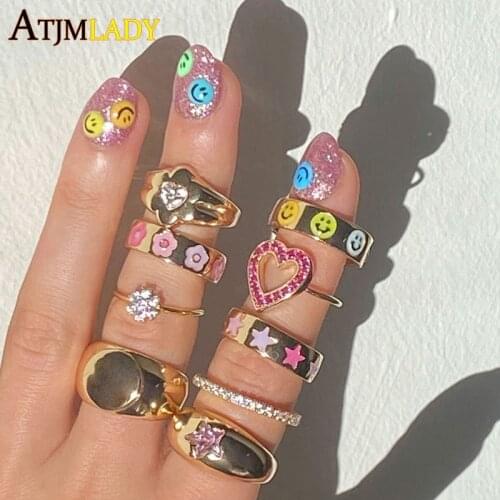 Wholesale Neon Enamel Colorful Gold Color Lovely Heart Smile Rings For Women Girl Party Wedding Lucky Stacking Round Jewelry