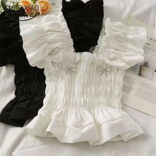 2021 Summer New Handmade Rhinestone Bow Fashion Pleated Elastic Shirt Lace Short Solid Color All-match Blouse Tops Women 15612