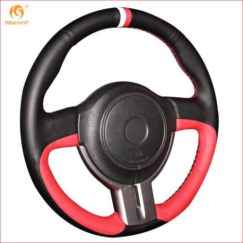 MEWANT Black Red Genuine Leather White Red Marker Car Steering Wheel Cover for Toyota 86 2012-2015 Subaru BRZ 2012-2015 Interior