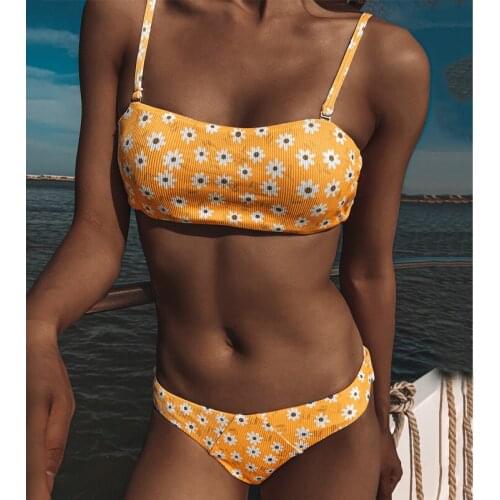Mossha Sexy ribbed floral print bikini 2021 Bandeau push up swimsuit women Low waist swimwear Yellow plus size bathing suit New
