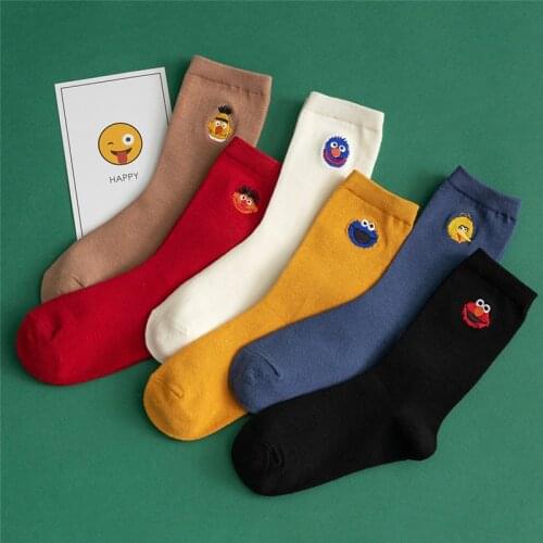 Socks Women Cartoon Cookie Monster Elmo Sesame Street Socks For Girls Funny Cute Happy Socks Cotton Sock Skarpety Streetwear