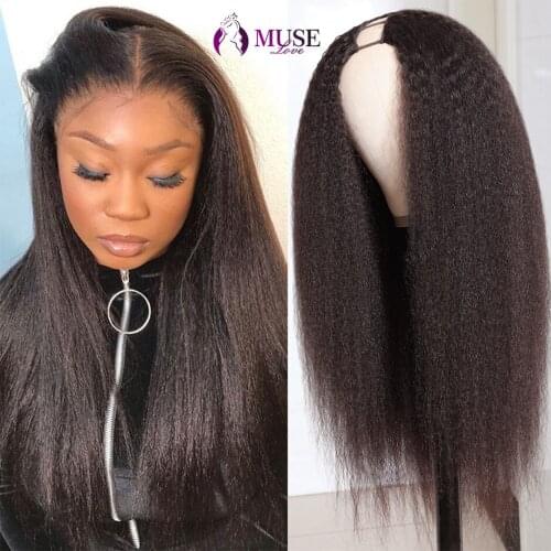 MUSE LOVE U Part Human Hair Wigs 200% Brazilian Yaki Straight Human Hair Wigs 2x4 Clip In Kinky Straight Weave Human Hair Wigs