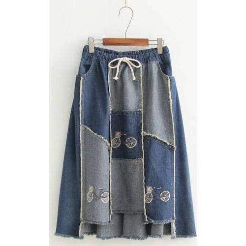 Japanese Mori Girl Vintage Preppy Style Embroidery Patchwork Cowboy Denim Skirt Women Irregular Loose Denim Mid-calf Jean Skirt