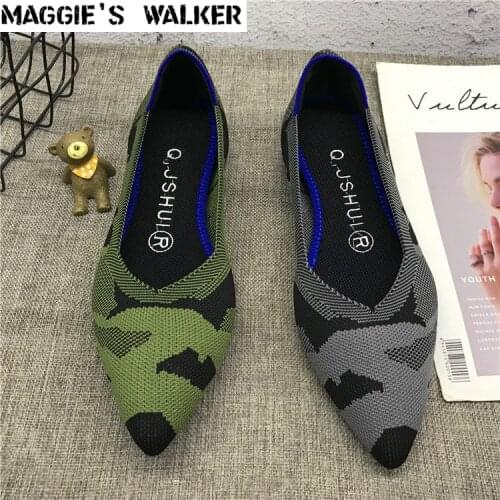 Maggies Walker Womens Casual Shoes Soft Bottom Leopard-print Knitted Flat Shoes Pointed Shallow-mouth Flats Size 35~39