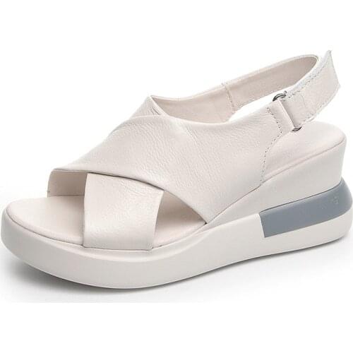 Genuine Leather Slope Heel Ladies Outdoor Slippers Women Spring/Summer New Cross Belt Sandals Thick Bottom Open Toe hy100