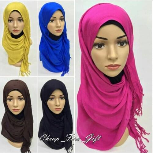 Women Tassles Headscarf Muslim Islamic Plain Hijab Solid Color Shawls Arab Turban Headband Headwrap Long Scarves