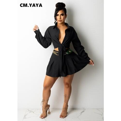 CM.YAYA Women Set Solid Long Sleeves Turn-down Collar Shirt Top&Short Pleated Skirt Suit Night Club Party Lady Outfits Fall