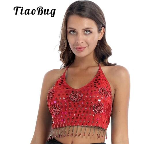 Women Latin Belly Dance Costume Sequins Halter Lace-Up Beaded Tassels Padded Bra Performance Festival Rave Party Sexy Crop Tops