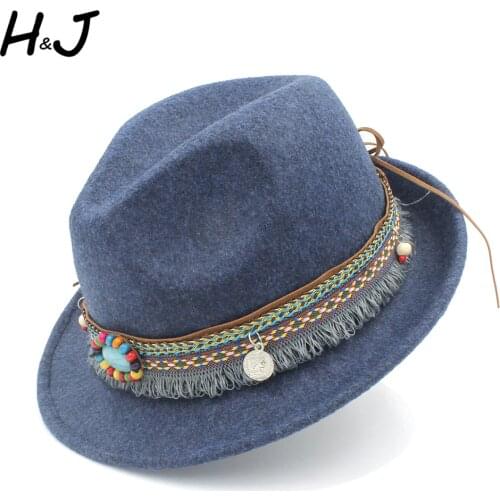 100% Wool Women Winter Fedora Hat For Winter Warm Elegant Lady Trilby Homburg Church Derby Caps With Tassel Bohemia Ribbon