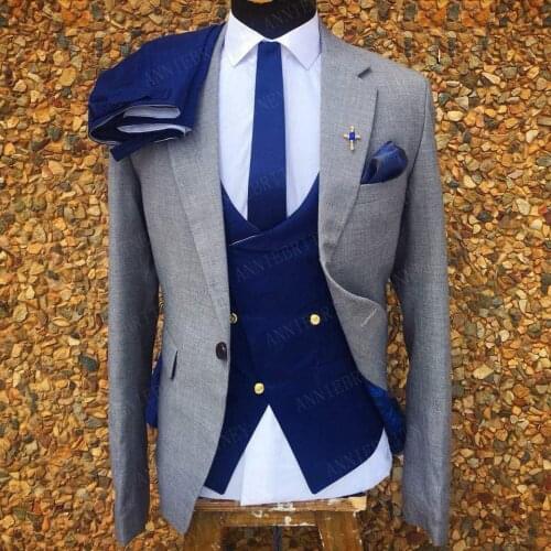 2020 Latest Grey Mens Business Suits 3 Piece Slim Fit Dinner Prom Wedding Groom Tuxedo Tailored Formal Blazer Jacket Vest Pants