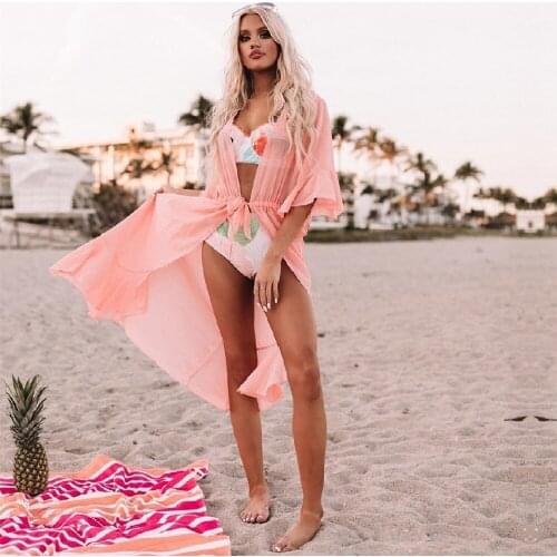 2021 Sexy See Through Beachdress Pink Chiffon Tunic Long Kimono Women Summer Wrap Dress Beach Wear Trumpet Mermaid Dress Q1256