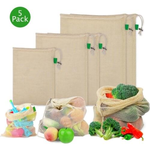 5pcs/set Cotton Mesh Produce Bags Reusable Washable Drawstring Shopping Bag Kitchen Fruit Vegetable Organizer Storage Bags