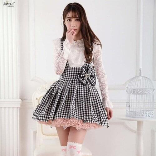 Ainclu Womens Gird Lolita Skirts Black&White Gird Plaid Cotton Lace Lolita Suspender Ball Gown Birtyday Party Skirts XS-XXL