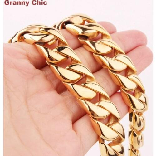 Granny Chic 7"-40" Mens Hip Hop Bling Gold Color Stainless Steel Curb Chain Necklace or Bracelet 15mm
