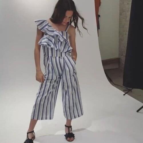 3-10T Kids Girls Off Shoulder Ruffles Striped Rompers Jumpsuit Palysuit Outfits Summer Children Girls Clothing