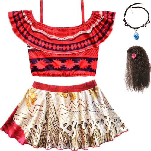 Girls Moana Bikini Cosplay Costume for Kids Vaiana Princess Dress Summer Casula clothes with Necklace for Halloween Costumes