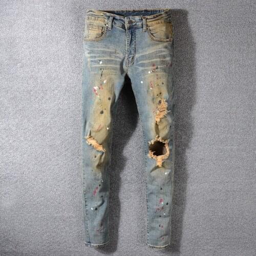2021 New Fashion Streetwear Retro Wash Slim Fit Paint Designer Ripped Jeans Men Printed Pants Destroyed Hip Hop Jeans