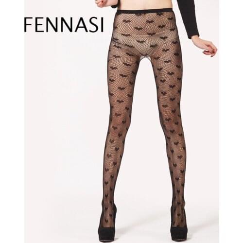 FENNASI Love Shape Ladies Fishnet Pantyhose Women Black Fashion Tight Print Pantyhose Mesh Sexy Fishing Net Womens Nylon Tights