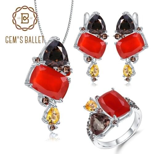 GEMS BALLET Natural Red Agate Candy Irregular Fine Jewelry 925 Sterling Silver Ring Earrings Pendant Jewelry Set For Women