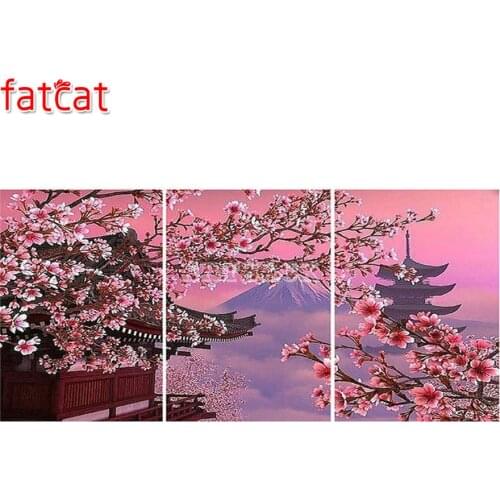 FATCAT Japanese temple cherry blossom 5D diamond painting full square round drill diy embroidery triptych home decor AE386