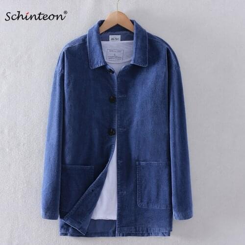 Schinteon Men Corduary Loose Jacket Autumn Mid-Length Outwear Casual Turn-down Collar Top Fashion High Quality New