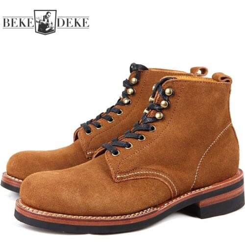 Autumn Cowhide Genuine Leather High Top Work Shoes Men Lace Up Platform Vintage Cowboy Ankle Boots Fashion Men Motorcycle Boots