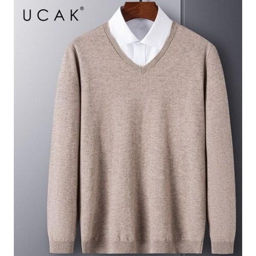 UCAK Brand Casual Pure Wool Sweaters Men Clothing V-Neck Solid Color Streetwear Sweater Pull Homme Autumn Thin Pullover U1245