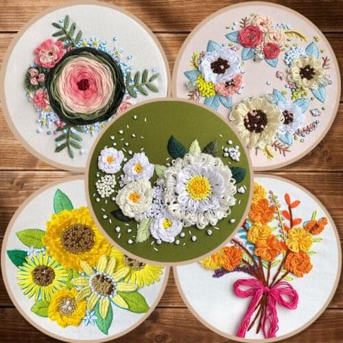 3D Embroidery kit with 20CM Hoop Flowers Patterns DIY Cross Stitch Kits Handmade Crafts Sewing Supplies European Needlework Set