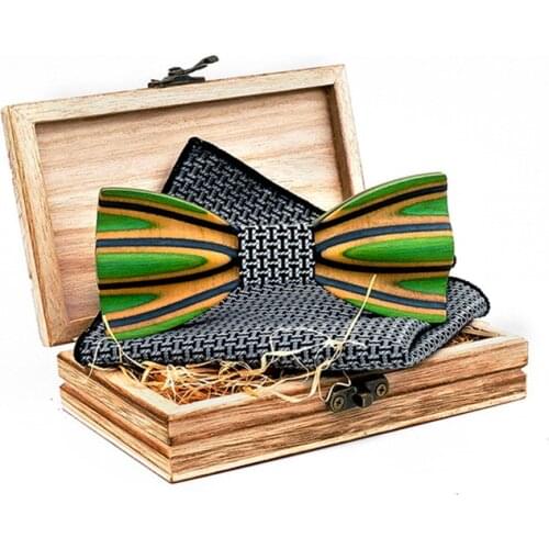 New 3D Black Strip Wooden Bow Tie Handkerchief Sets for Mens Wedding Wood Bowtie Accessories Gifts Box Ties