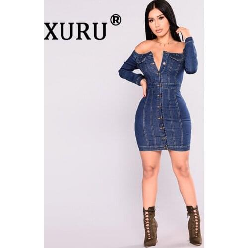 XURU New Womens Sexy Denim Dress One-Shoulder Single-breasted Skinny Bag Hip Washing Denim Dress