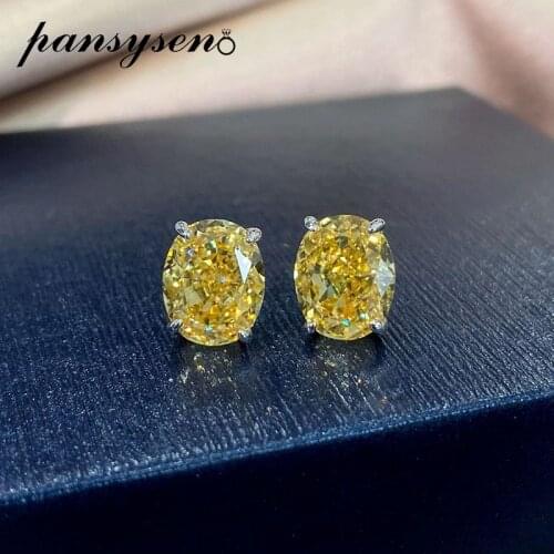 PANSYSEN 8x10MM Oval Cut 100% 925 Sterling Silver Citrine Sapphite High Carbon Gemstone Womens Stud Earrings Party Fine Jewelry