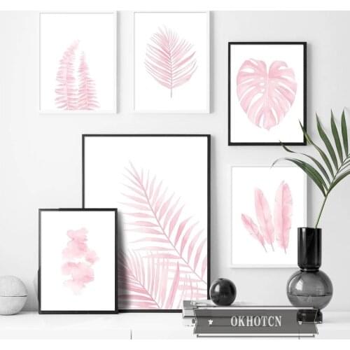 Pink Feather Monstera Leaves Fern Plant Canvas Painting Nordic Watercolor Illustration Poster Banana Botanical Wall Art Picture
