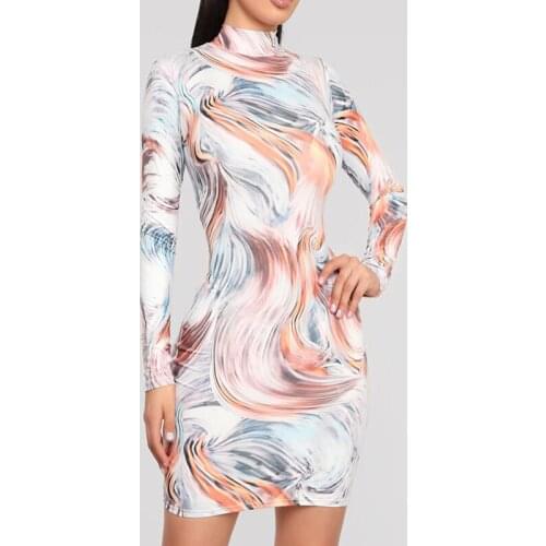 Print Sexy Bodycon Dress Women Autumn Turtleneck Long Sleeve Bandage Mini Dress Casual Short Skinny Party Vestidos