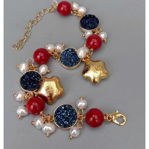 Y·YING Cultured White Pearl Blue Titanium Druzy Red Coral Charm Bracelet Women Wedding Party Gift