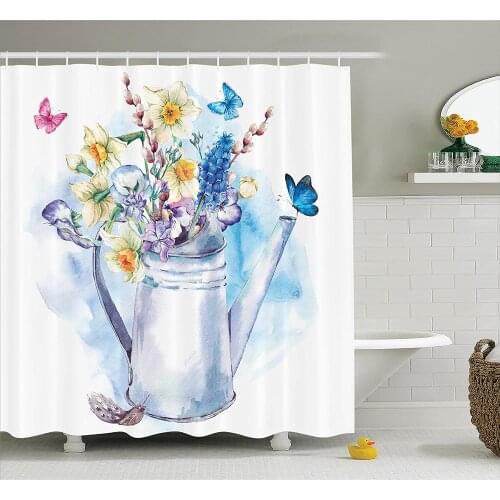 Daffodil Shower Curtain Summer Bouquet with Violets Puss-Willows and Butterflies in Old-Fashion Watering Can Bathroom Curtains