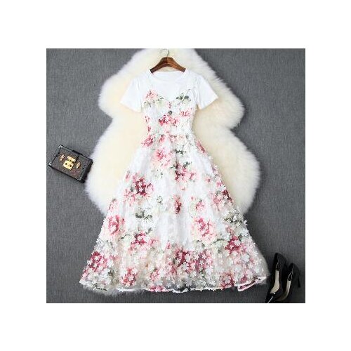 2019 summer womens new round neck Slim T-shirt + three-dimensional flowers super fairy mesh gauze skirt suitT3676