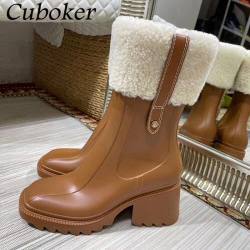 2021 Brand Designer Women Boots New Style PVC Rainboots Chunky Heel Non-Slip Runway Modern Boots Height Increasing Boots Women