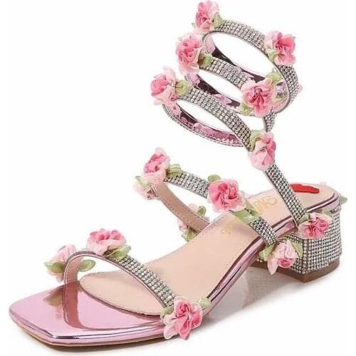 Womens Peep Toe Rhinestones Crystal Pink Flowers 3D Block Heel Cross S-straps Sandals Shoes Bling Girls Luxury New 2021