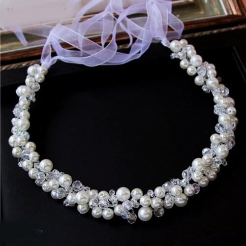 Handmade Elegant Simple Pearl Wedding Party Headbands Ribbon Beaded Women Hair Band Bridal Hairpiece For Bride Hair Accessories