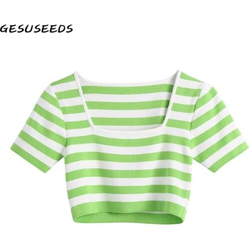 Summer sweater women casual short sleeve cropped sweater korean square neck top cute knitted pullover green striped sweater lady