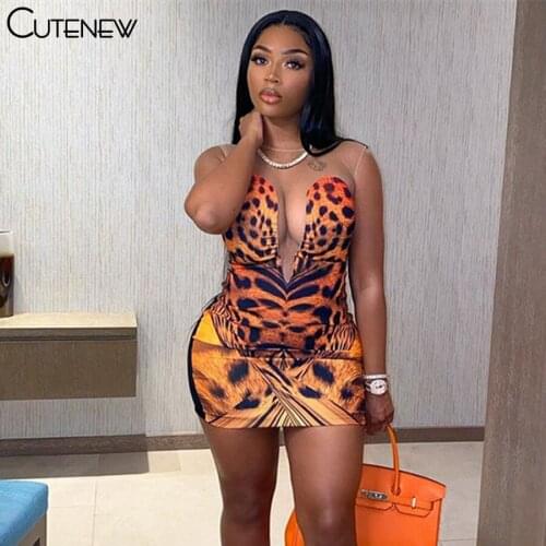 Cutenew Sexy Mesh Printing Leopard Bodycon Mini Dress Women 2021 Summer See Thourgh Patchwork Lady Dresses Party Club Streetwear