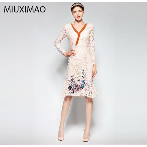 Famous brand Runaway 2018 Newest Spring Fashion Slim Elegant Lace Ebroidery Cat Flower Vintage Casual Long Fishtail Dress Women