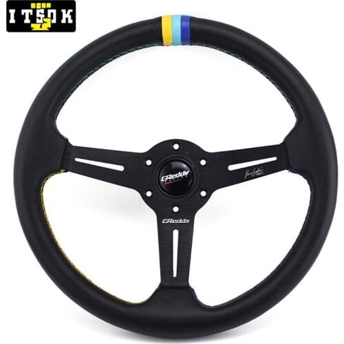 14inch Genuine Leather Steering Wheel 350mm Universal Flat Dish JDM Tuning Drifting Sport Simulated Game With 3 Color Stitching
