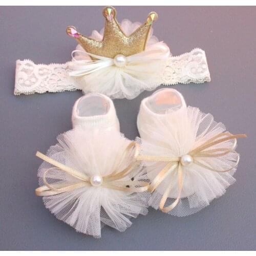 2 Pcs/Set Elastic Bab Headband Socks Set Lace Flower Newborn Girl Short Socks Bow Crown Infant Baby Turban Hairband