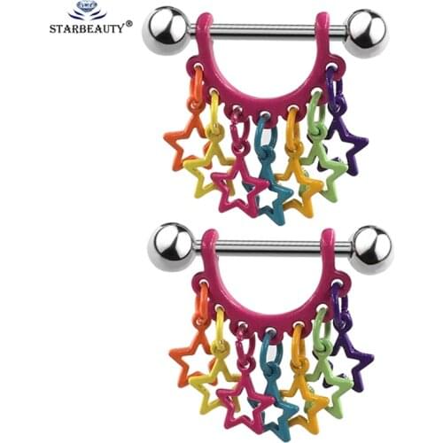 2 pcs/lot Rainbow Star TasselDrop Nipple Piercing Helix Piercing Tragus Earrings Nipple Ring Barbell Steel Pircing Body Jewelry