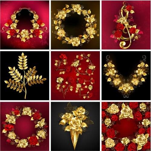 Huacan Diamond Painting New Square Rhinestones Gold Rose 5D Diamond Mosaic Embroidery Flower Needlework Bedroom Decoration