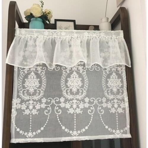 White Half Curtain Retro Flower Embroidery Coffee Lace Yarn Pure Short Curtain for Bar Kitchen Cabinet Door Childrens Room
