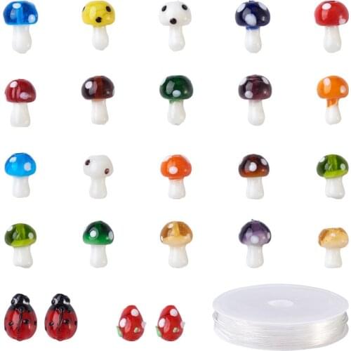 120Pcs Lampwork Glass Beads Mushroom Ladybug Strawberry with Elastic Crystal Thread for DIY Bracelet Necklace Jewelry Crafts